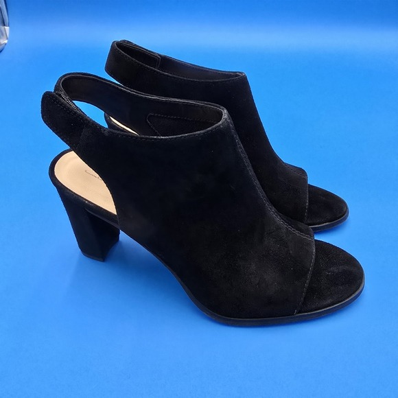 Clarks Kaylin 85 Sling‎ Black Suede Heeled Slingback Peeptoe Women Size 8 M  EUC - Picture 1 of 9